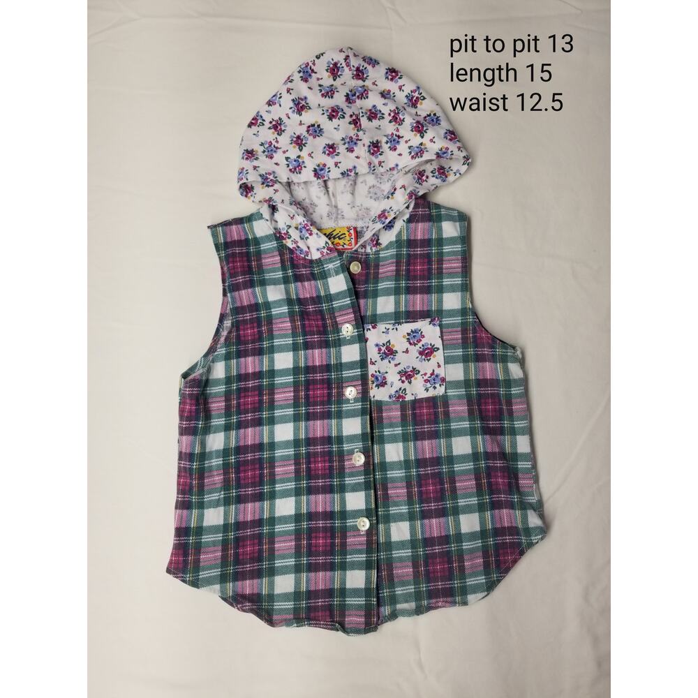 Vintage CHIC Plaid Floral Sleeveless Hooded Shirt Vest Girls 6